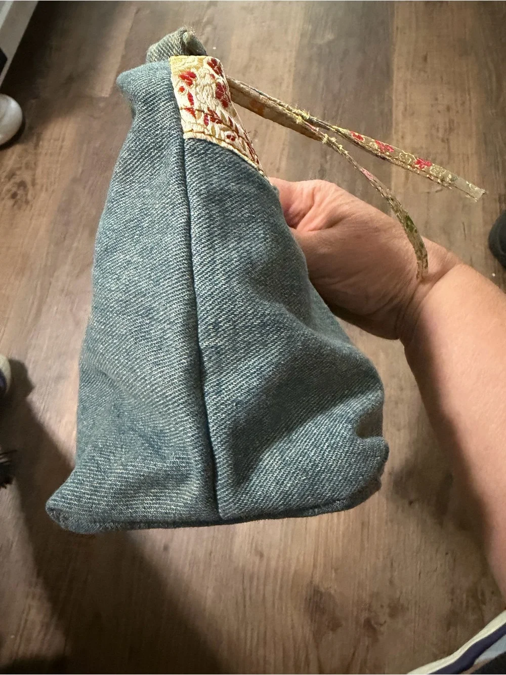 Patchwork Heart Denim Bag in Sage Green and gold accent colors.